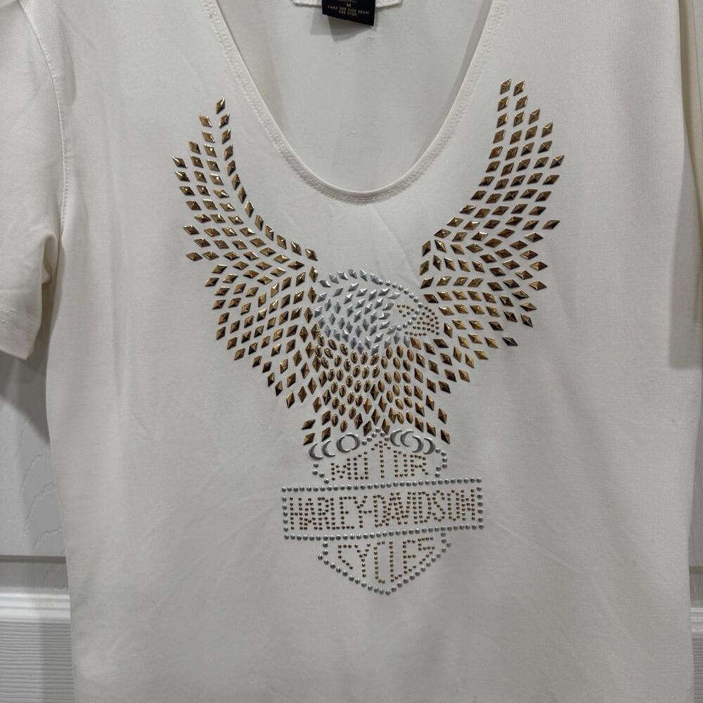 Harley Davidson Women's Medium T Shirt Top White Studded Eagle Logo Made In USA - Picture 2 of 9